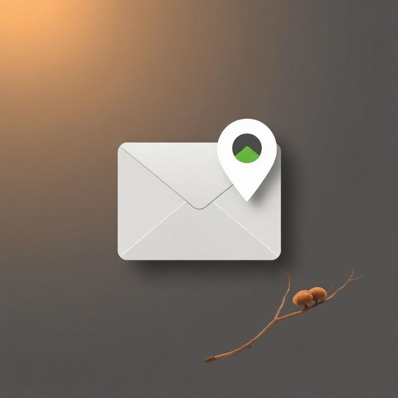 Envelope and map pin icons on a slate background with an acacia silhouette